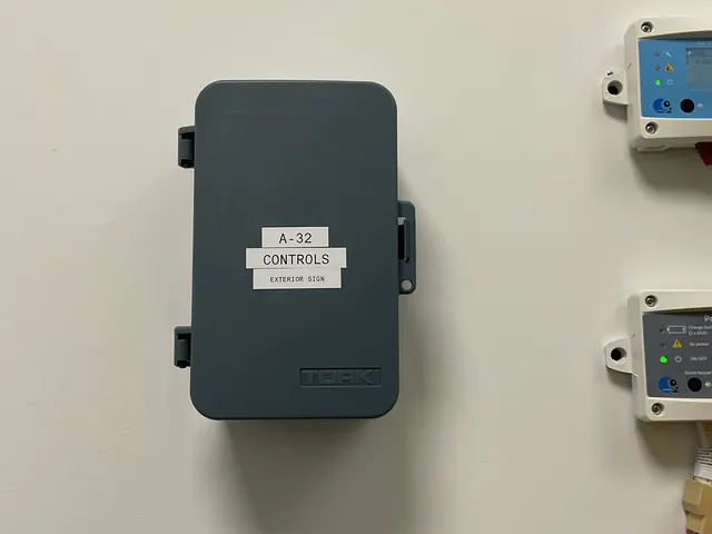 Closed gray controls enclosure labelled for the exterior sign, next to two small status modules with lit indicator lights