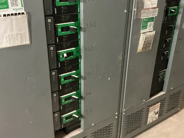 Row of gray electrical distribution panels with a column of breakers and handwritten circuit labels beside them
