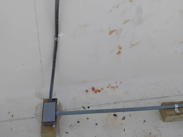 Gray junction box on a wood block on a white roof, with a liquid-tight conduit coming in and a second conduit running across the roof